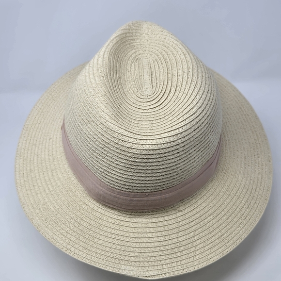 H&M NATURAL PAPER STRAW CREAM FEDORA DUSTY ROSE PINK RIBBON BAND WOMEN LARGE 58 - Picture 3 of 12